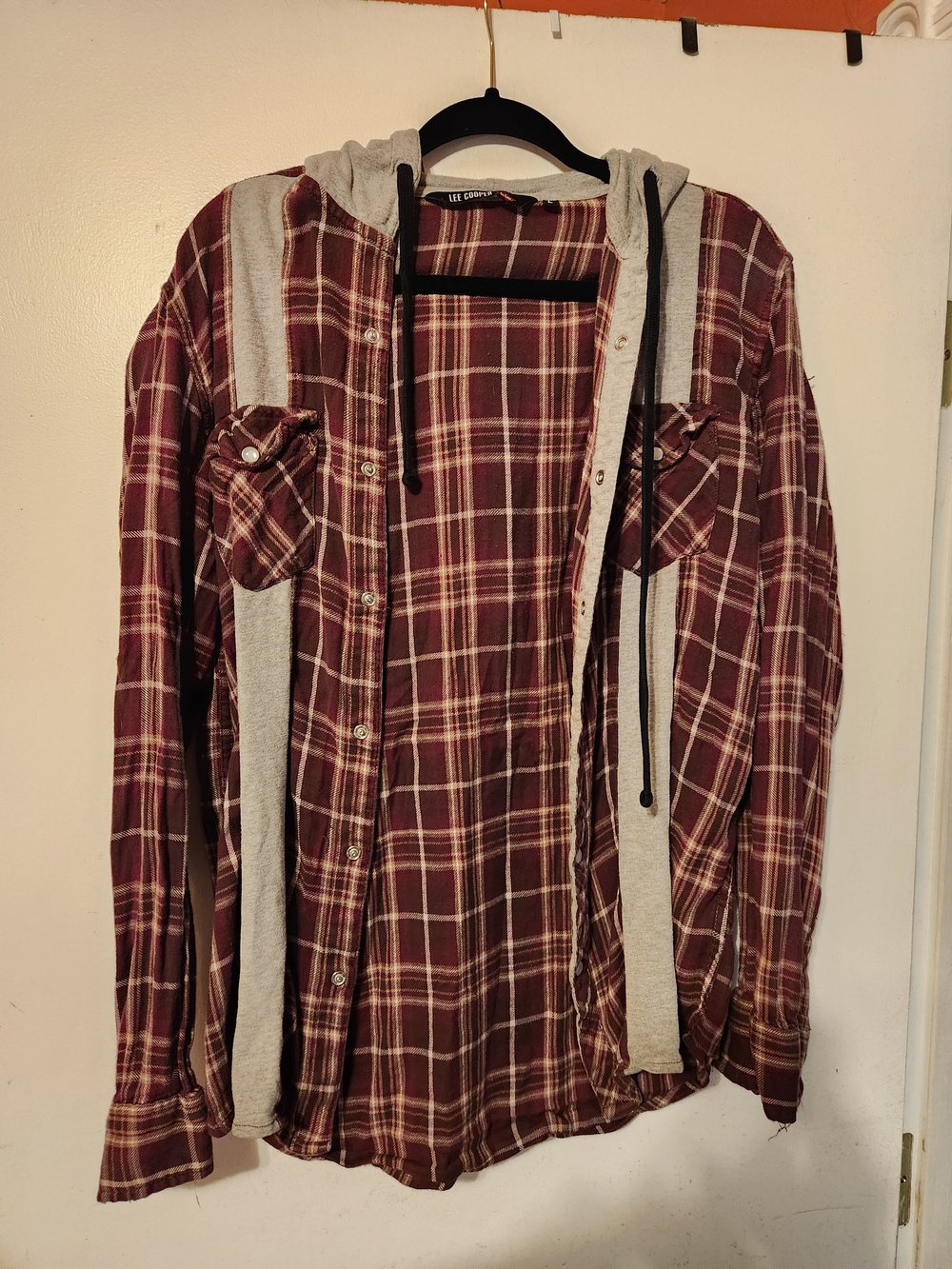 Lee Cooper Plaid Button-Up Shirt with Attached Gray Hoodie